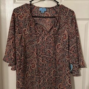 CeCe Brown and Orange Flutter Sleeve Blouse